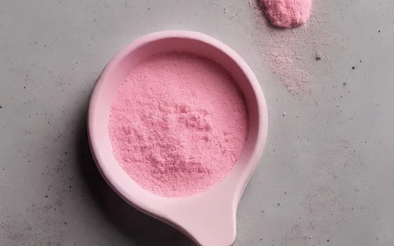 A pale pink scoop filled with pink powder on a grey concrete surface, with a small heap of the same powder beside it