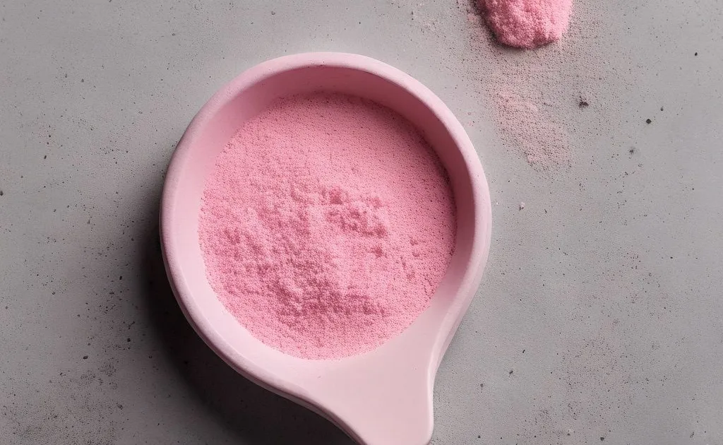 A pale pink scoop filled with pink powder on a grey concrete surface, with a small heap of the same powder beside it
