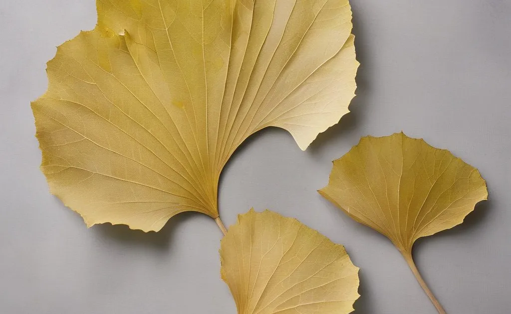 Dried yellow ginkgo leaves, fan-shaped with radiating veins and a notched outer edge, laid flat on a pale grey surface