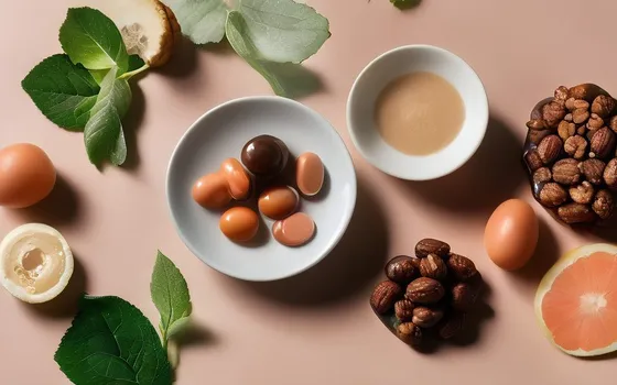 Supplement softgel capsules beside walnuts, leafy greens, salmon and an espresso cup on a warm surface