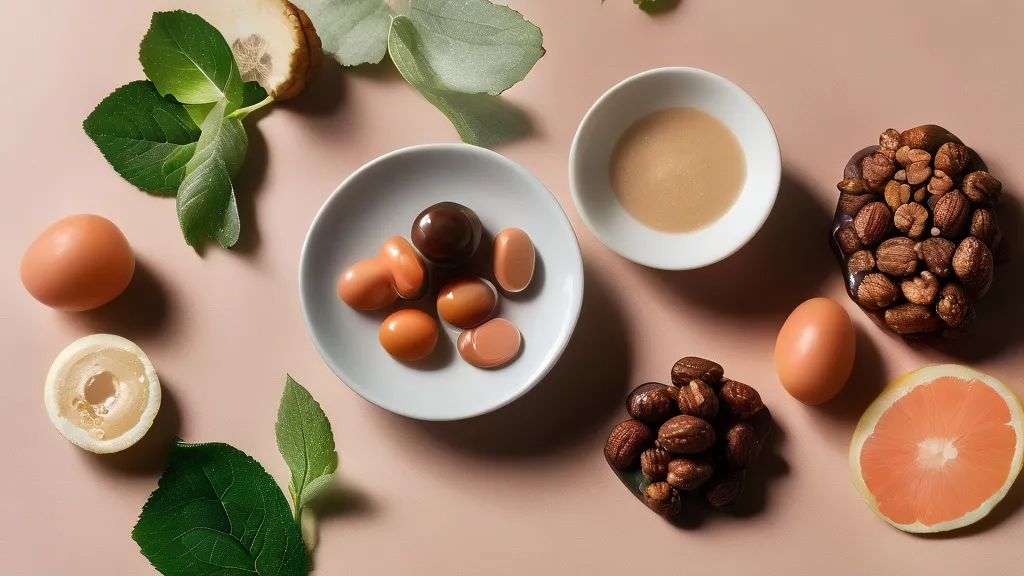 Supplement softgel capsules beside walnuts, leafy greens, salmon and an espresso cup on a warm surface