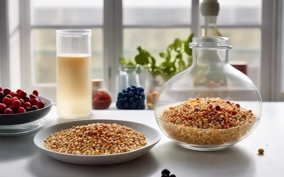Glass laboratory flask and dish of fibre-rich grains beside berries on a bright kitchen counter
