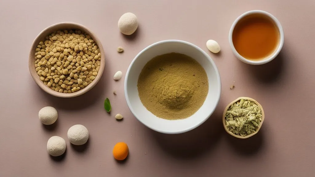 Ashwagandha root and powder in a bowl beside supplement capsules, dried herbs and herbal tea on a warm surface