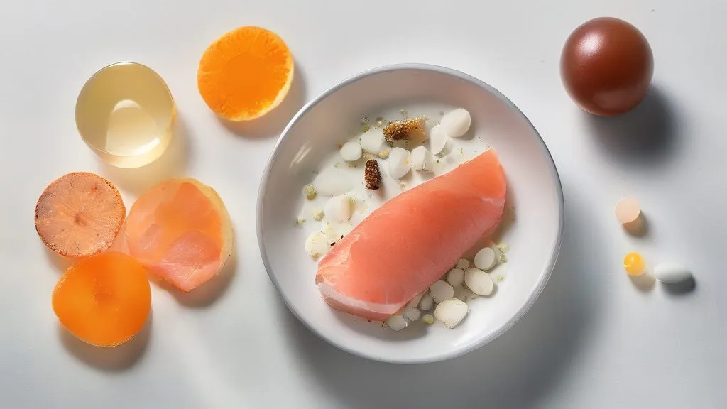 Vitamin B12 capsules beside a small glass vial, salmon, eggs and slices of beef on a bright surface