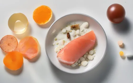 Vitamin B12 capsules beside a small glass vial, salmon, eggs and slices of beef on a bright surface