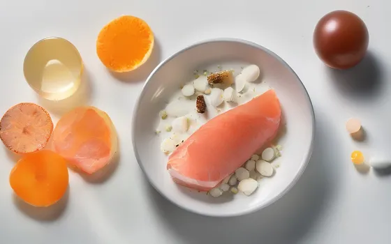 Vitamin B12 capsules beside a small glass vial, salmon, eggs and slices of beef on a bright surface