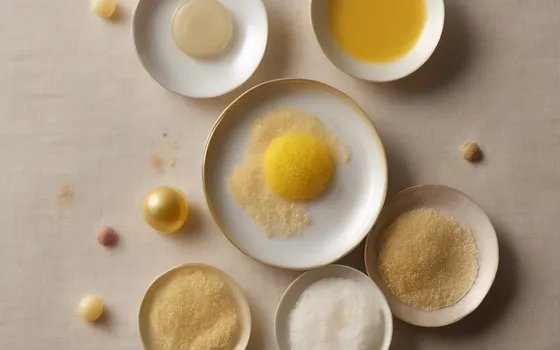 Several small ceramic dishes holding pale white and golden yellow supplement powders arranged on warm linen