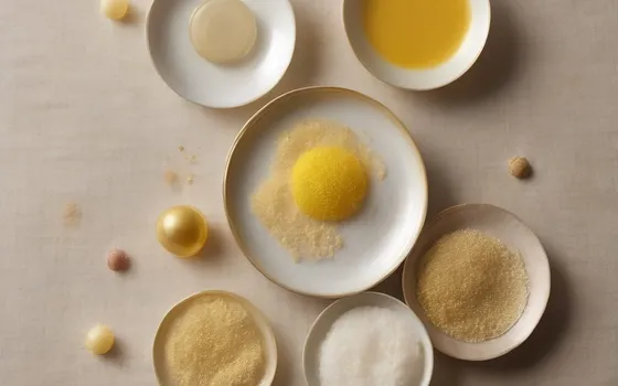 Several small ceramic dishes holding pale white and golden yellow supplement powders arranged on warm linen