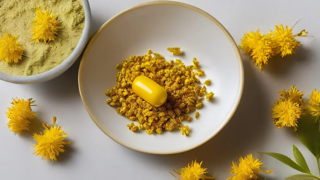 Golden berberine supplement capsules in a dish beside dried goldenseal and barberry plants on a bright surface