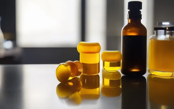 Amber glass bottles and small vials of bright yellow liquid on a reflective laboratory bench in cool daylight