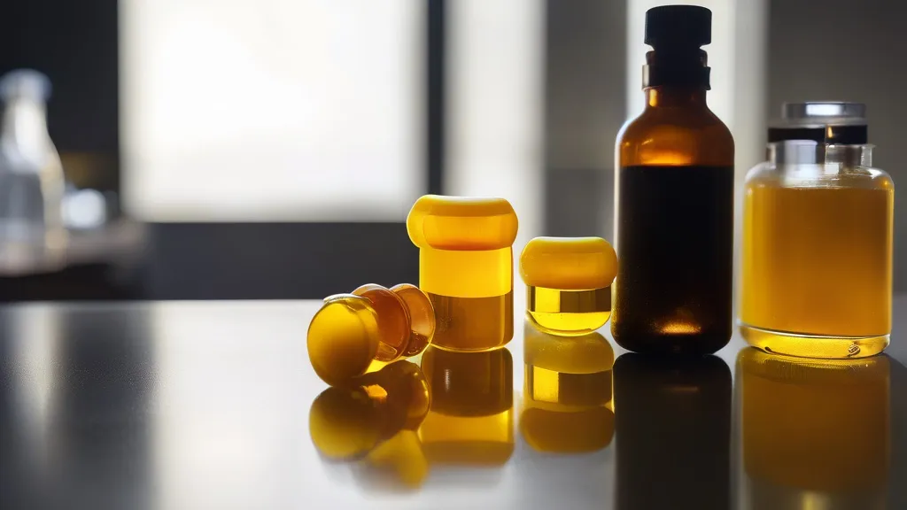 Amber glass bottles and small vials of bright yellow liquid on a reflective laboratory bench in cool daylight