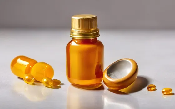 Amber CoQ10 softgel capsules with a supplement bottle and a measuring scoop
