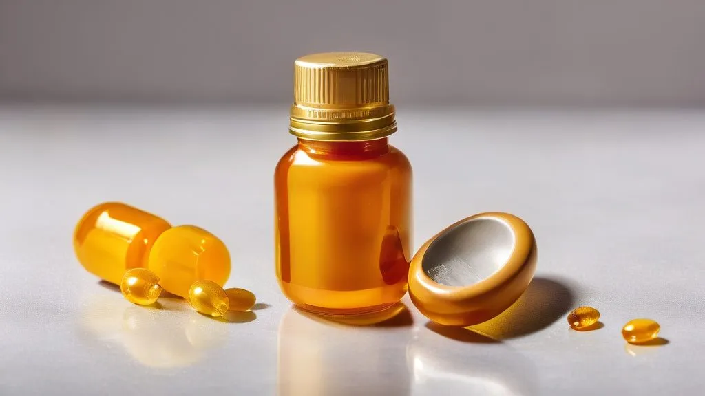 Amber CoQ10 softgel capsules with a supplement bottle and a measuring scoop
