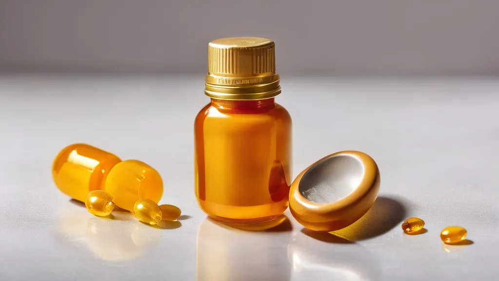 Amber CoQ10 softgel capsules with a supplement bottle and a measuring scoop