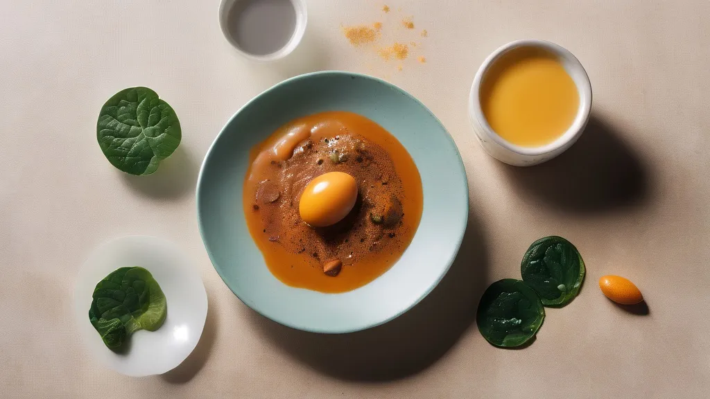 Iron-rich foods, eggs, spinach, B12 and CoQ10 capsules and a cup of coffee on a bright surface