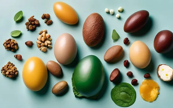Iron-rich foods, eggs, nuts, spinach and supplement capsules on a bright surface