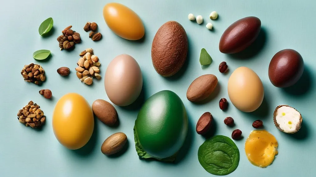Iron-rich foods, eggs, nuts, spinach and supplement capsules on a bright surface