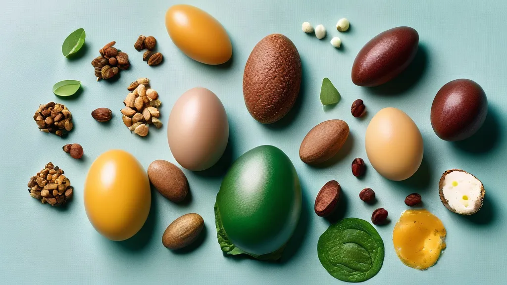 Iron-rich foods, eggs, nuts, spinach and supplement capsules on a bright surface