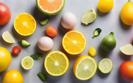 Vitamin D and zinc capsules, citrus, garlic, ginger and colorful vegetables on a bright surface