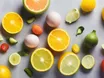 Vitamin D and zinc capsules, citrus, garlic, ginger and colorful vegetables on a bright surface