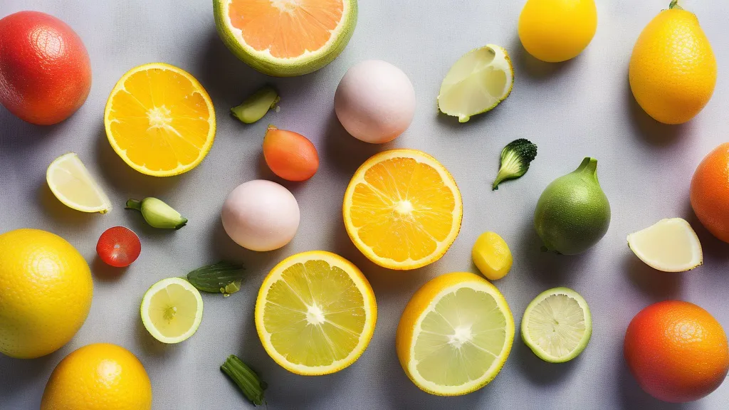 Vitamin D and zinc capsules, citrus, garlic, ginger and colorful vegetables on a bright surface