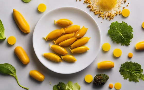 Fish oil capsules, turmeric root and powder, glucosamine tablets and leafy greens on a bright surface
