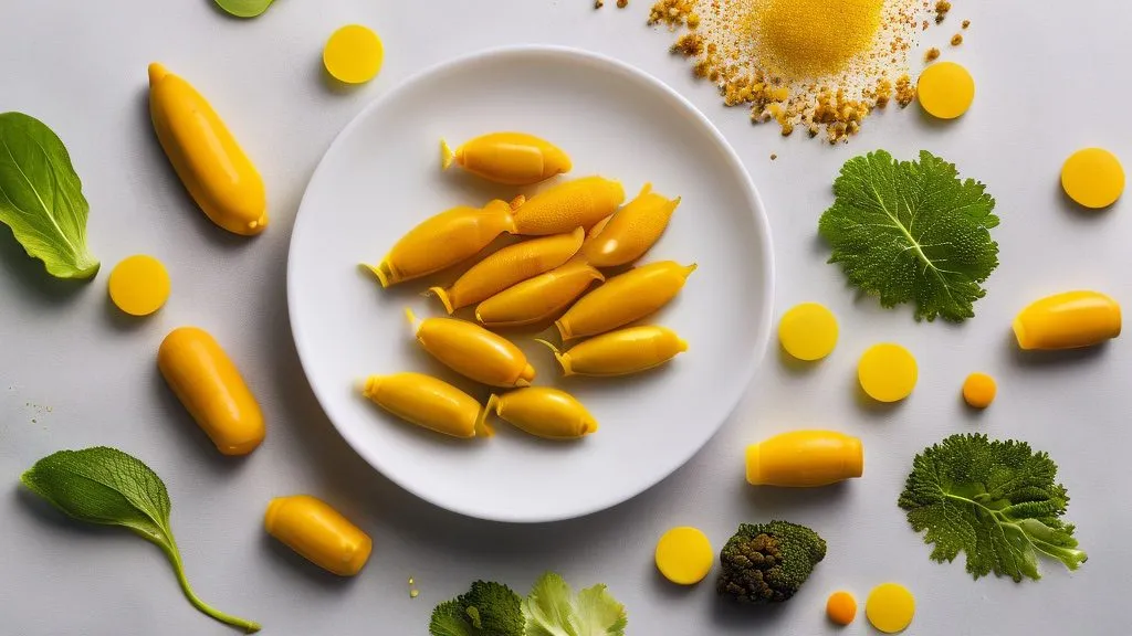 Fish oil capsules, turmeric root and powder, glucosamine tablets and leafy greens on a bright surface