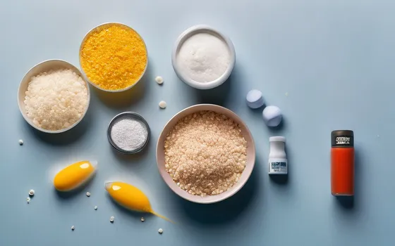 Creatine powder, vitamin D capsules, fish oil, magnesium and lean protein foods on a bright surface
