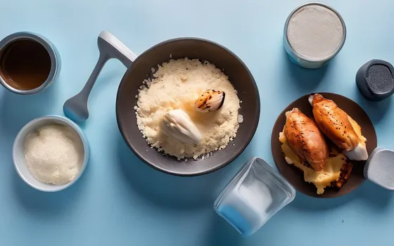 A scoop of whey protein powder, creatine, a shaker bottle, dumbbells and grilled chicken on a bright surface