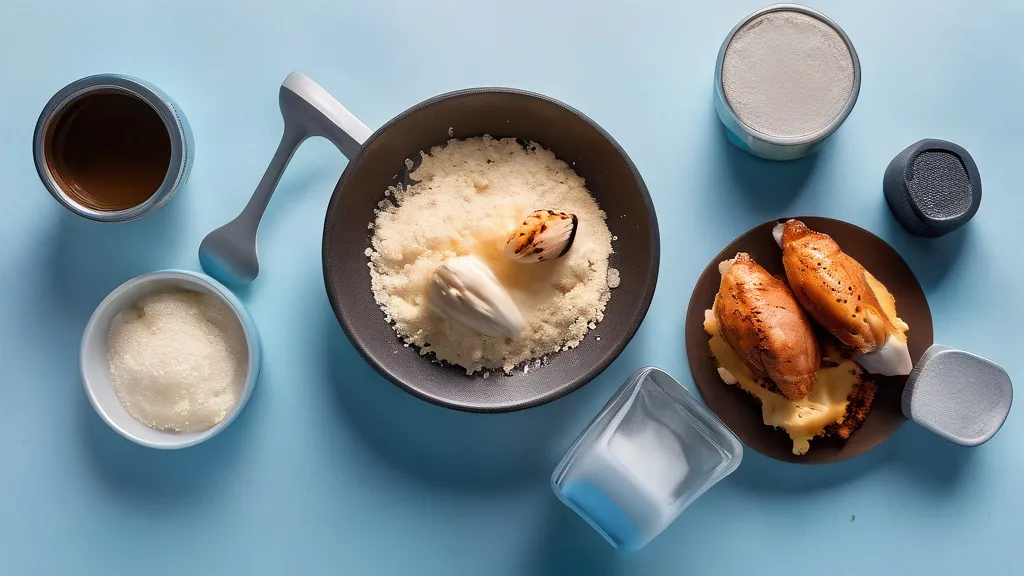 A scoop of whey protein powder, creatine, a shaker bottle, dumbbells and grilled chicken on a bright surface