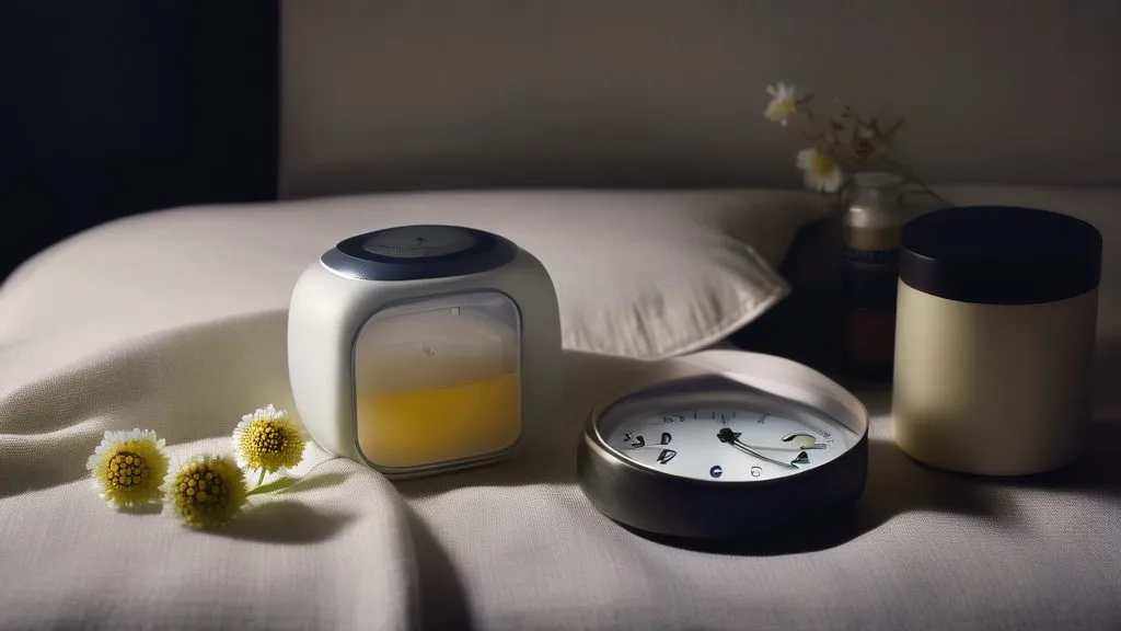 Melatonin tablets, magnesium capsules, chamomile tea and a small clock on a dim bedside surface