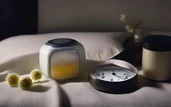 Melatonin tablets, magnesium capsules, chamomile tea and a small clock on a dim bedside surface