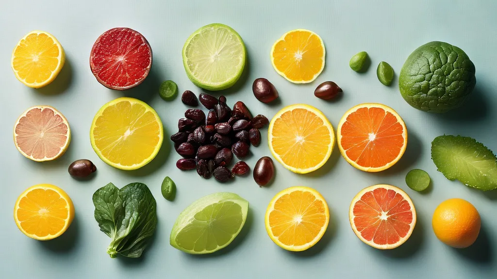 Iron-rich foods, leafy greens, prenatal vitamins, vitamin D capsules and citrus on a bright surface