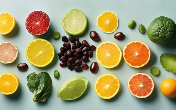 Iron-rich foods, leafy greens, prenatal vitamins, vitamin D capsules and citrus on a bright surface