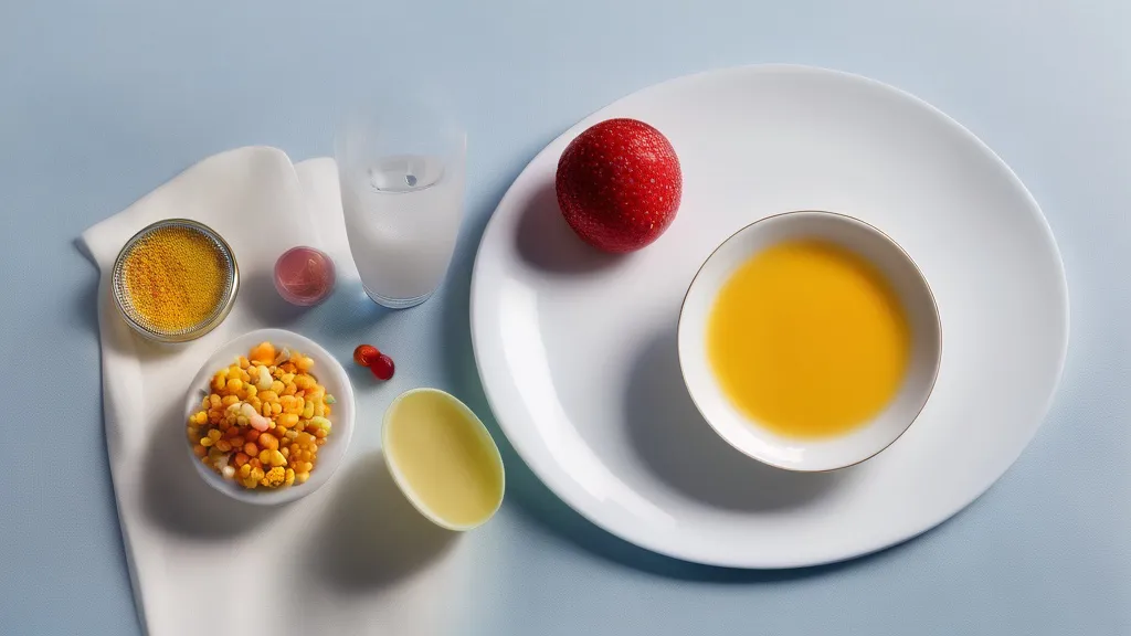 Supplement capsules, a glass of water, a clock and a plate of food on a bright surface