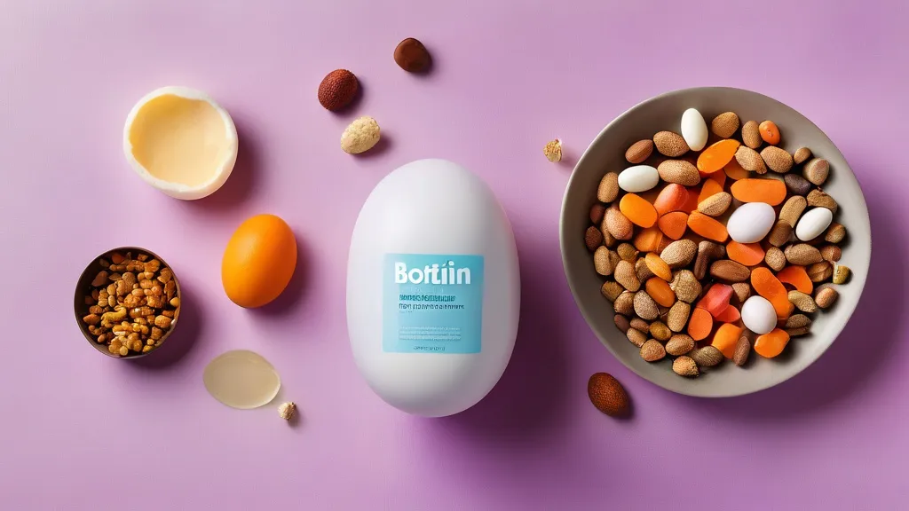 Biotin supplement capsules beside eggs, nuts, salmon and sweet potato on a bright surface