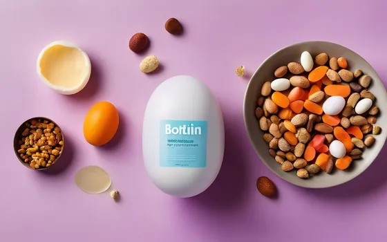 Biotin supplement capsules beside eggs, nuts, salmon and sweet potato on a bright surface