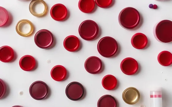 Blood collection tube stoppers in red, burgundy and gold arranged on a white surface, photographed from directly above