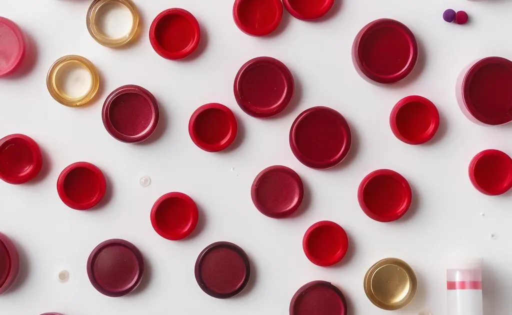 Blood collection tube stoppers in red, burgundy and gold arranged on a white surface, photographed from directly above