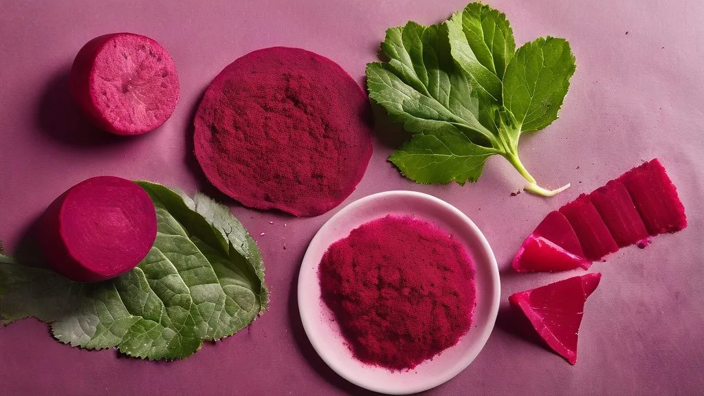 Beetroot powder and red supplement lozenges beside fresh beets, leafy greens and citrus on a bright surface