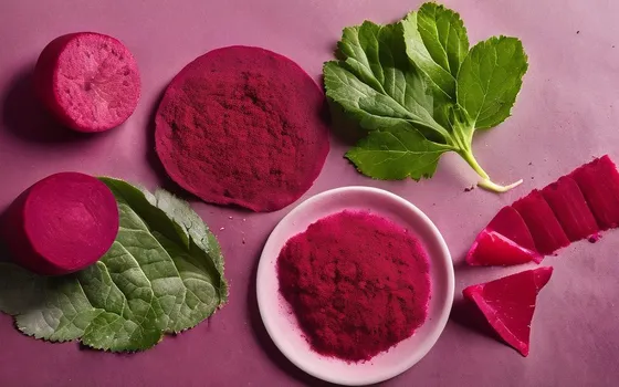 Beetroot powder and red supplement lozenges beside fresh beets, leafy greens and citrus on a bright surface