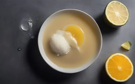A glass of dissolved collagen beside a scoop of collagen peptides, citrus fruit and bone broth in evening light