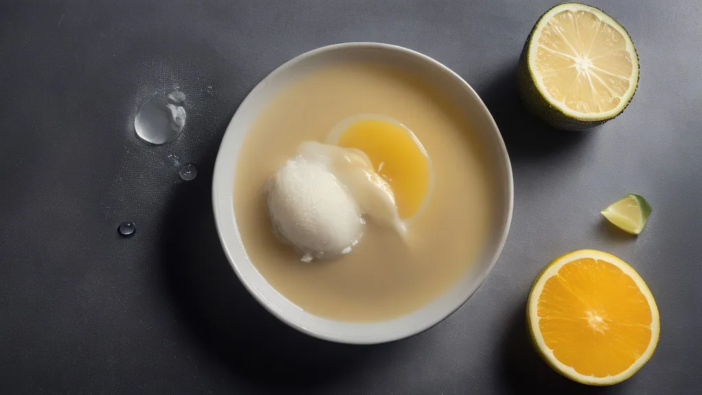 A glass of dissolved collagen beside a scoop of collagen peptides, citrus fruit and bone broth in evening light