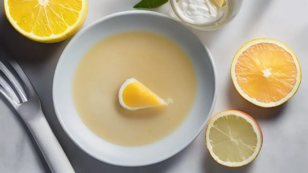 A scoop of collagen peptide powder, a glass of water, citrus and bone broth on a bright surface