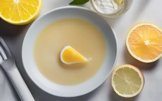 A scoop of collagen peptide powder, a glass of water, citrus and bone broth on a bright surface