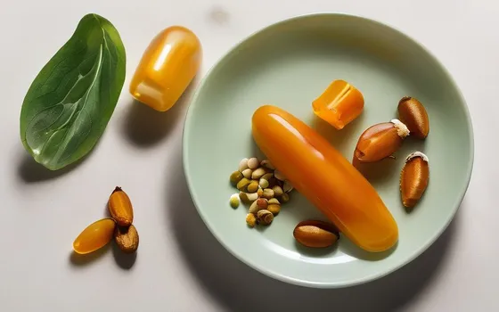 Amber CoQ10 softgel capsules in a dish beside fatty fish, nuts, spinach and olive oil on a bright surface