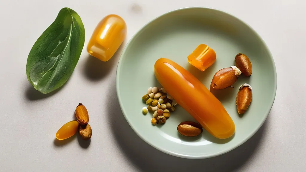 Amber CoQ10 softgel capsules in a dish beside fatty fish, nuts, spinach and olive oil on a bright surface