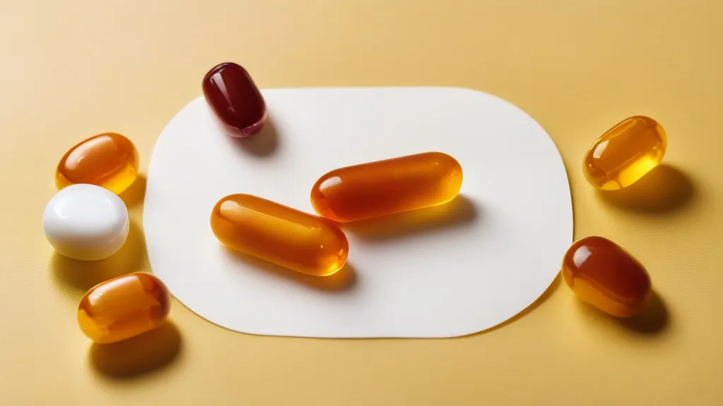Amber CoQ10 softgel capsules beside white prescription-style tablets on a bright surface