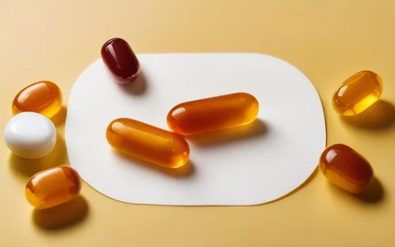 Amber CoQ10 softgel capsules beside white prescription-style tablets on a bright surface