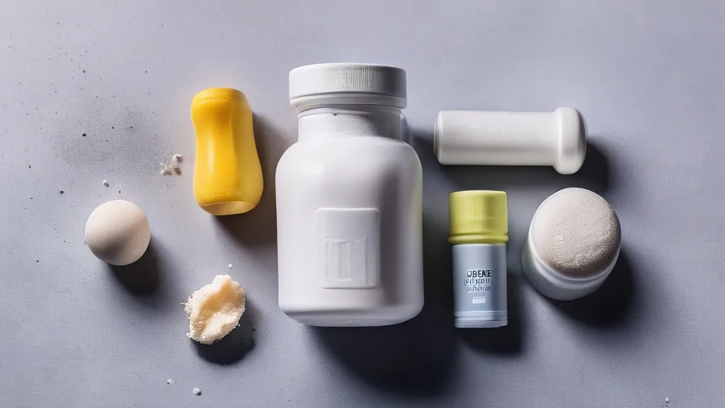 A scoop of white creatine monohydrate powder beside a shaker bottle, dumbbells and lean protein foods